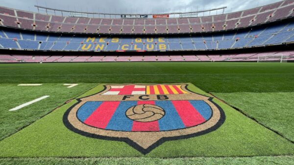 View of the pitch and stands at Camp Nou Stadium, home of FC Barcelona, in Spain.