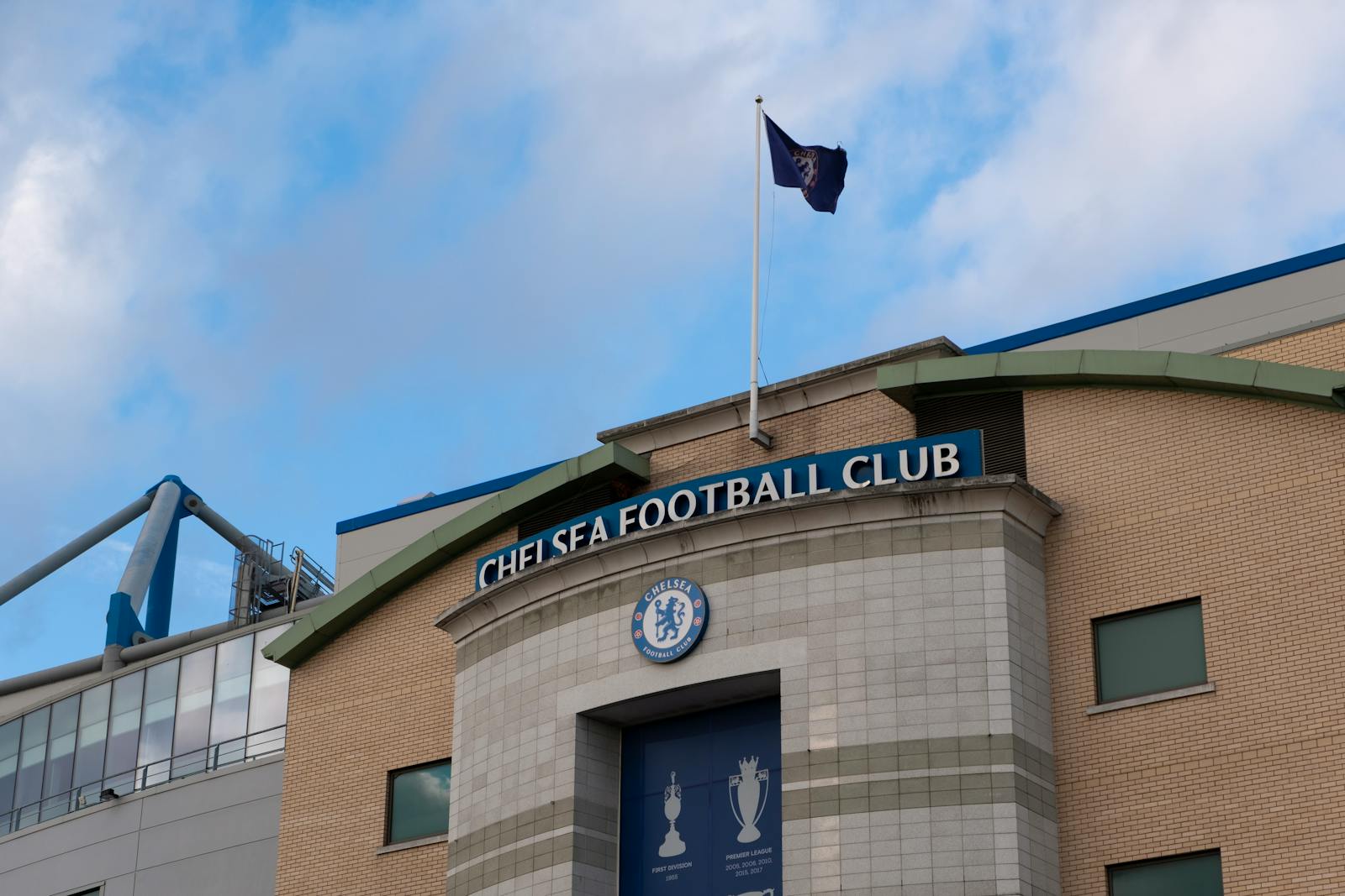 Iconic facade of Chelsea Football Club in London, highlighting the famous stadium architecture.