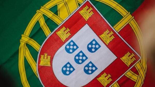 Vivid close-up image of the emblem on the Portuguese national flag with bright colors.