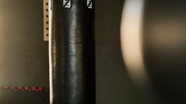 Black punching bag hangs in a gym, bathed in sunlight, creating a moody and focused atmosphere.