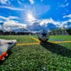blue and grey soccer ball on green field under white and blue sky during daytime
