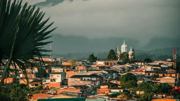 a view of a city with a mountain in the background