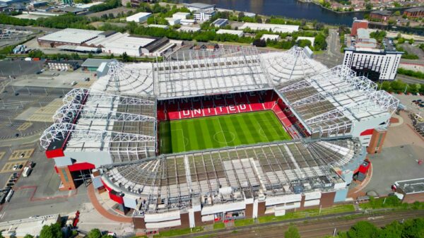 Stunning aerial shot of Old Trafford stadium in Manchester, showcasing its iconic architecture.
