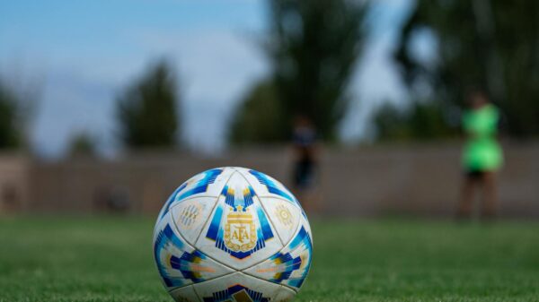 Soccer ball on a grassy field with blurred players in the background, outdoors.