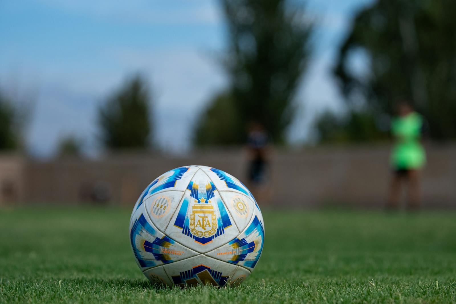 Soccer ball on a grassy field with blurred players in the background, outdoors.