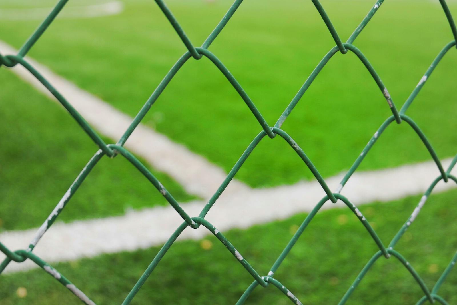 Close-up of a green metal wire fence with grass field in the background.