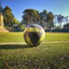 Close-up of a soccer ball on a football field in Miziara, Lebanon.