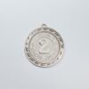 Close-up of a silver second place medal with an engraved number 2 on white background.