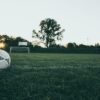 Soccer ball on field at sunrise, serene landscape with goalpost in background.