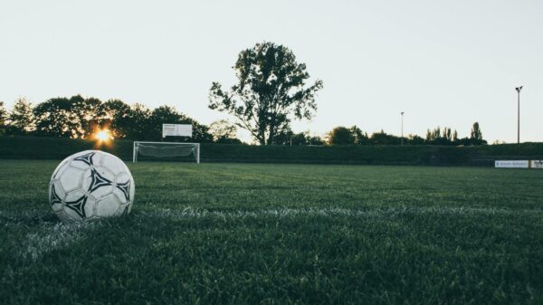 Soccer ball on field at sunrise, serene landscape with goalpost in background.