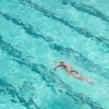 From above full length male swimmer in trunks swimming front crawl in big swimming pool