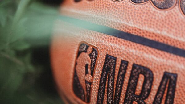 Detailed close-up of a Wilson basketball with NBA logo, surrounded by greenery.