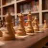 Close-up of wooden chess pieces on a chessboard in a warm, cozy library setting.