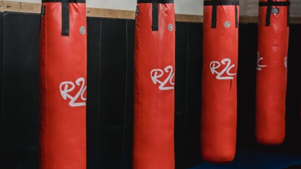 Interior of boxing gym with heavy punching bags hanging on chains for workout