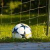 Close-up of a soccer ball resting on a grass field against the goal net in natural daylight.