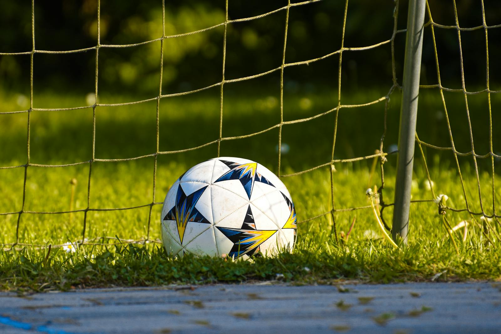 Close-up of a soccer ball resting on a grass field against the goal net in natural daylight.