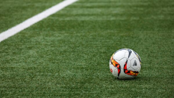 A vibrant soccer ball resting on a pristine grass field beside a white sideline.