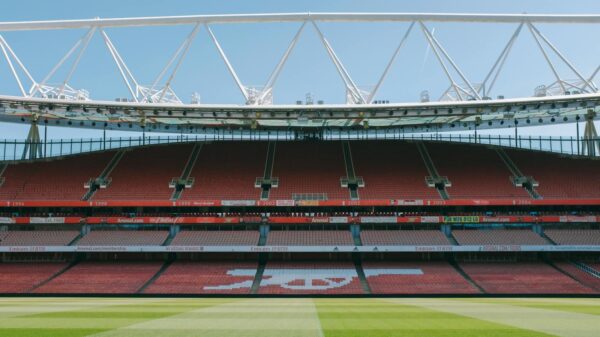 View of empty stands at Emirates Stadium, London, home of Arsenal FC.