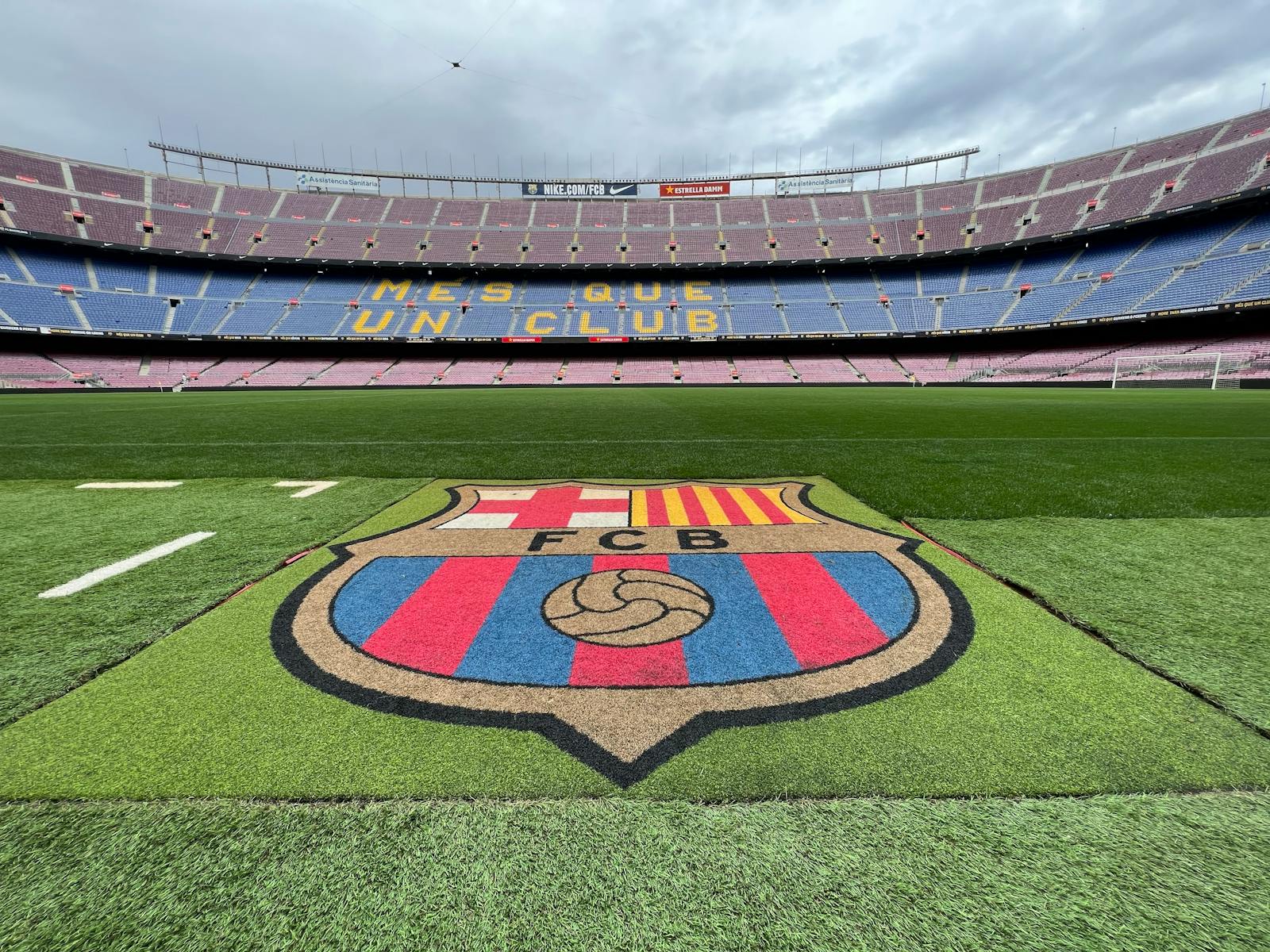 View of the pitch and stands at Camp Nou Stadium, home of FC Barcelona, in Spain.