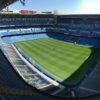 High-angle view of the empty Santiago Bernabeu Stadium on a sunny day in Madrid, Spain.