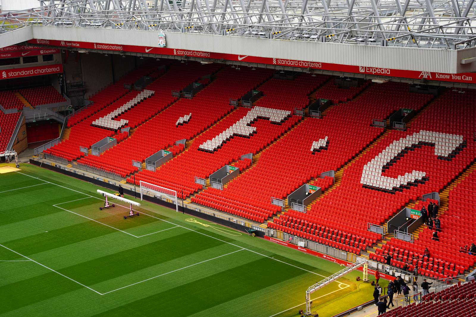 View of Anfield Stadium seating with prominent LFC letters. Perfect capture of iconic Liverpool FC venue.