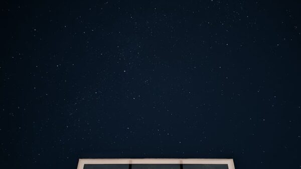 A basketball hoop silhouetted against a dark night sky filled with stars.