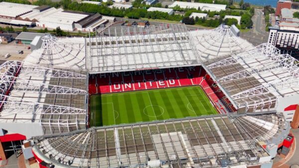 Stunning aerial view of Old Trafford Stadium in Manchester, showcasing its modern architecture and bustling cityscape.