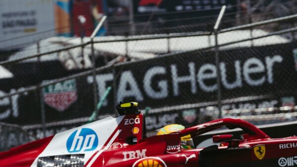 Dynamic view of a Formula 1 car speeding at Interlagos, São Paulo, Brazil.