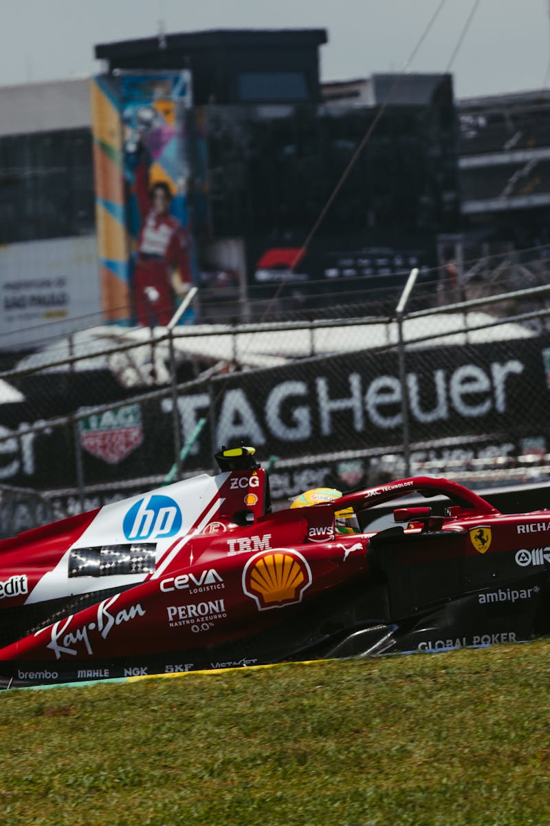 Dynamic view of a Formula 1 car speeding at Interlagos, São Paulo, Brazil.