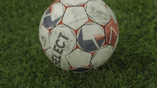 A detailed vertical shot of a weathered soccer ball resting on lush green grass.