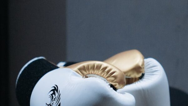 White and gold boxing gloves resting elegantly on a black surface, highlighting their premium quality.