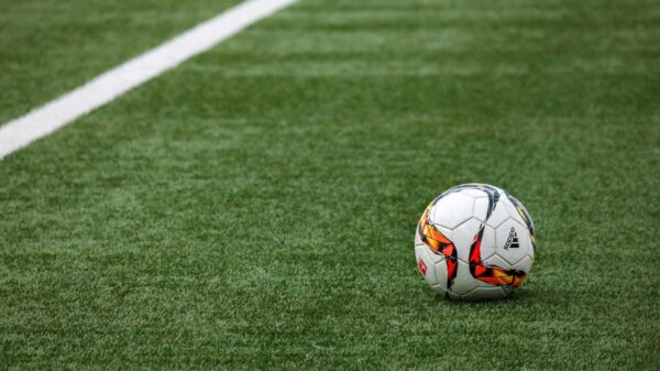A vibrant soccer ball resting on a pristine grass field beside a white sideline.