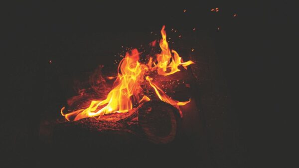 A cozy image of a burning fireplace with dancing flames and glowing embers.