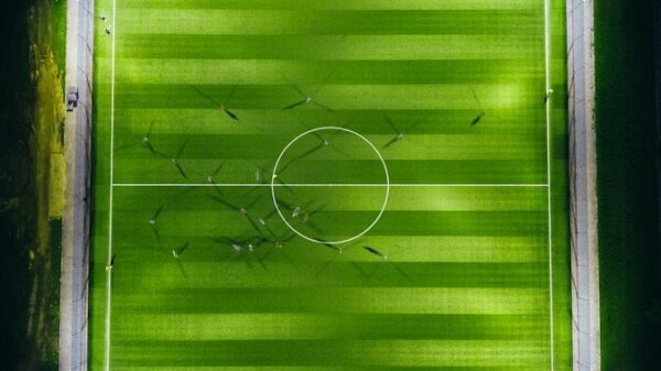 bird's-eye view photography of green soccer field with lights