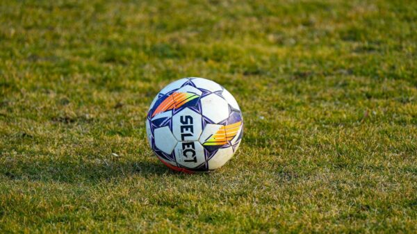 Close-up of a soccer ball on a grassy field under daylight. Perfect sports venue scene.