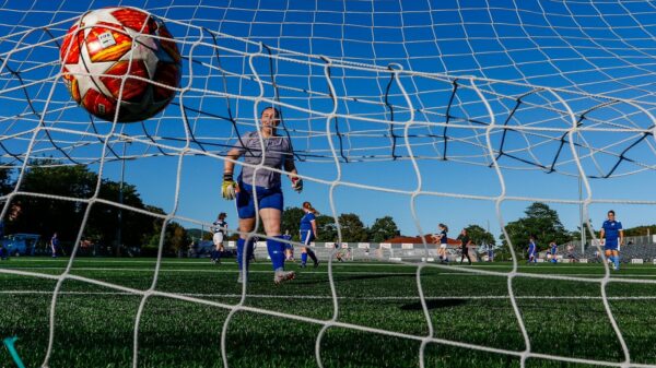 man in blue and white stripe shirt holding red and blue soccer ball