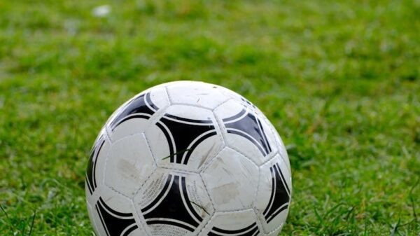 Close-up of a classic soccer ball resting on a lush green field.