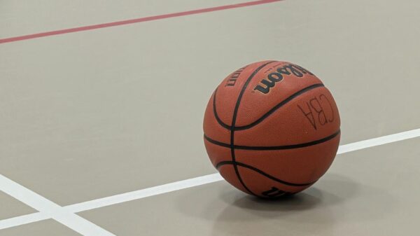 Close-up of a basketball resting on an indoor court in Nova Scotia.