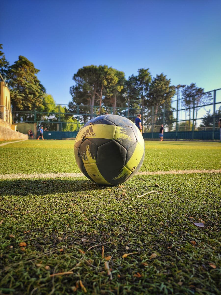 Close-up of a soccer ball on a football field in Miziara, Lebanon.