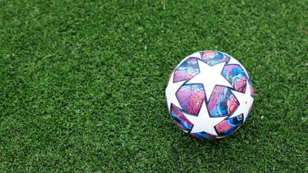 white blue and red soccer ball on green grass