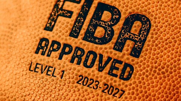 Close-up of a basketball with fiba approval.