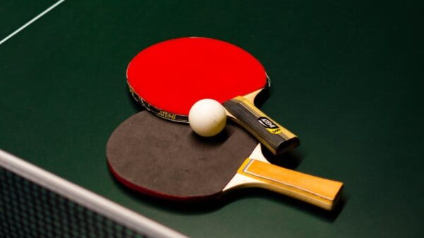 Table tennis paddles and ball on a green table. Ideal for sports themes.