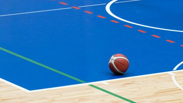 A basketball rests on a vibrant blue indoor court with wood flooring and colorful lines.