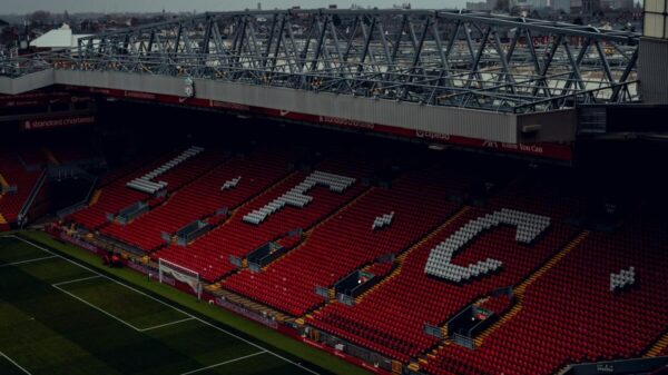 A stunning aerial view of Anfield Stadium, home of Liverpool FC, in Liverpool, England.