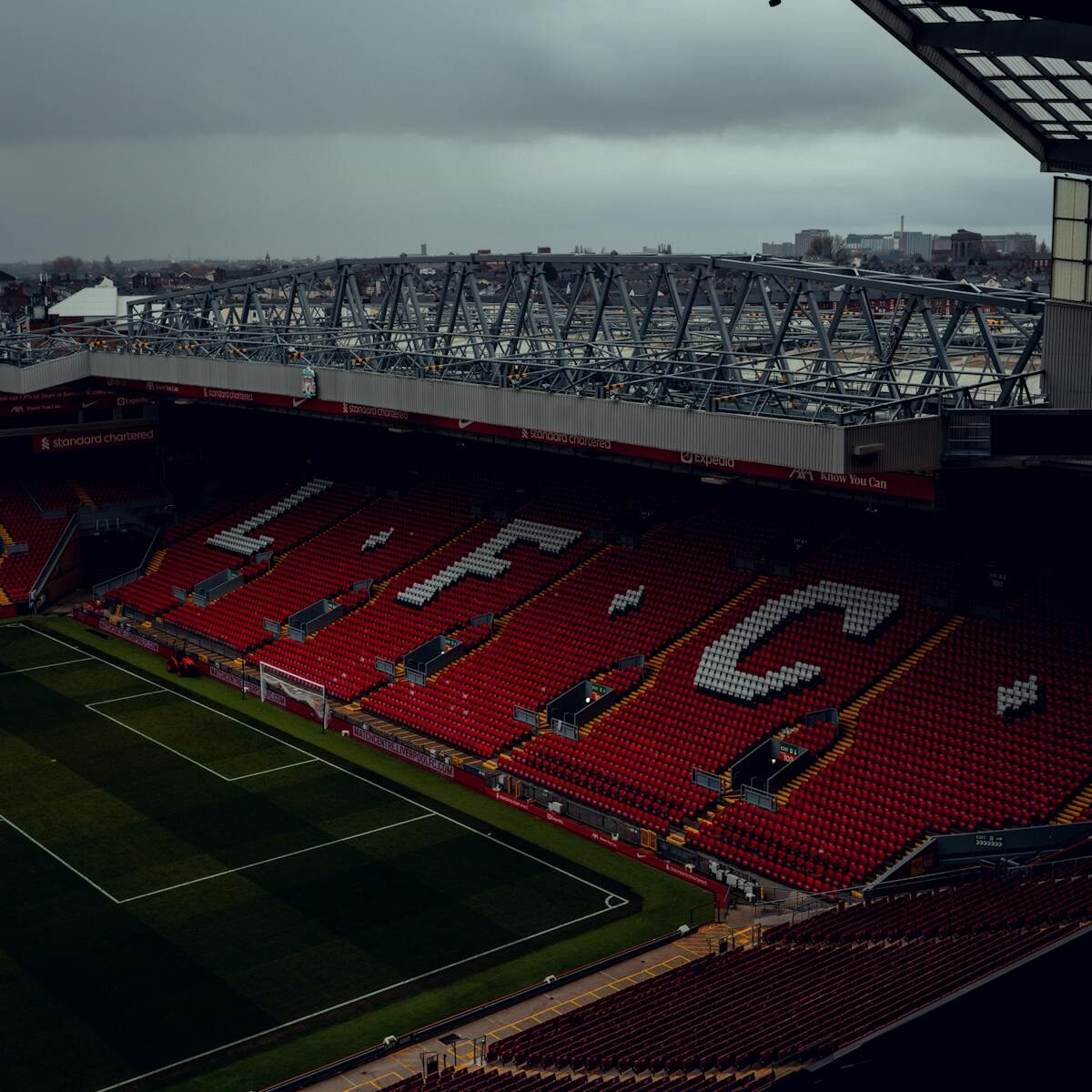 A stunning aerial view of Anfield Stadium, home of Liverpool FC, in Liverpool, England.
