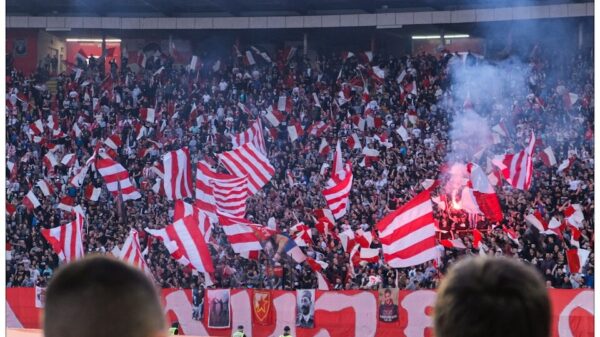 a crowd of people watching a soccer game