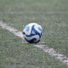Close-up of a blue and white soccer ball resting on a lined green turf field.