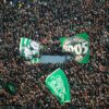 Energetic crowd waving flags at a Raja Casablanca football match in Morocco.