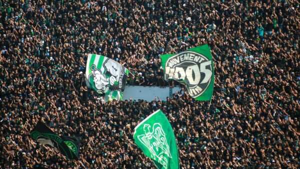 Energetic crowd waving flags at a Raja Casablanca football match in Morocco.