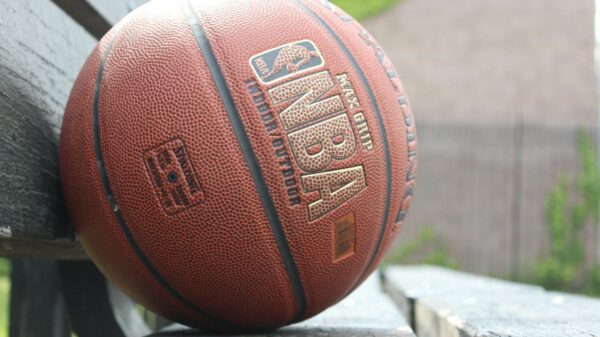 A detailed image showcasing a basketball resting on a park bench, highlighting texture and outdoor setting.